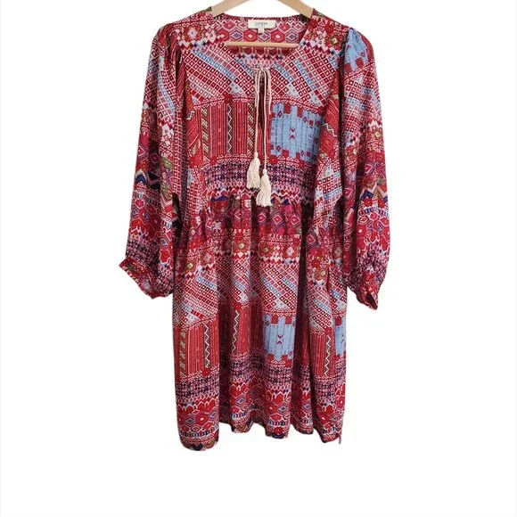 UMGEE Women Mini Dress L Red Tribal Boho 3/4 Sleeve Tassels Cotton Blend… - Picture 1 of 11